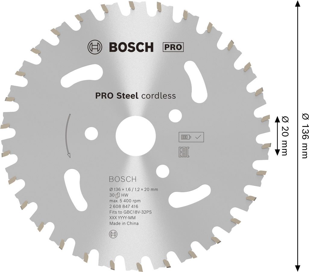 Akumulátorový kotouč pro řezání betonářské oceli Bosch PRO Steel 136 mm.